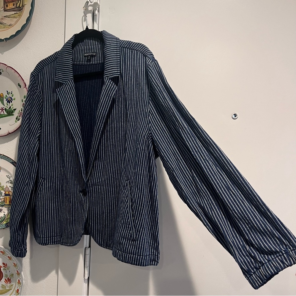 J.Crew Mercantile Women's Blue Striped Cotton Single Button Blazer Jacket - Picture 7 of 9